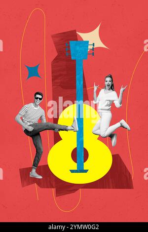 Composite Trend Artwork Skizze Bild Collage von sorglosen Party Event hören Musik Tanz Paar junge Dame Mann Party Gitarre Instrument spielen Stockfoto