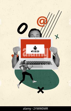 Composite Trend Artwork Skizze Bild Foto Collage von Hacker Daten Sperre Passcode Betrüger Mann halten Laptop Cover Gesicht kleine junge Dame Spaziergang Stockfoto