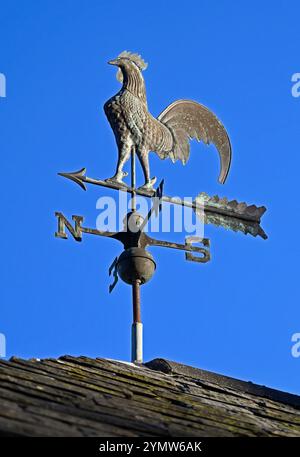 Hahn-Wetterfahne auf dem Hausdach. Garth Heads, Kendal, Cumbria, England, Vereinigtes Königreich, Europa. Stockfoto