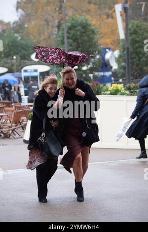 Ascot, Berkshire, Großbritannien. November 2024. Racegoer kämpften bei starkem Wind und Regen, als Storm Bert durch Großbritannien zieht, um ihre Regenschirme auf der Ascot Racecourse in Berkshire zu befestigen. Quelle: Maureen McLean/Alamy Live News Stockfoto