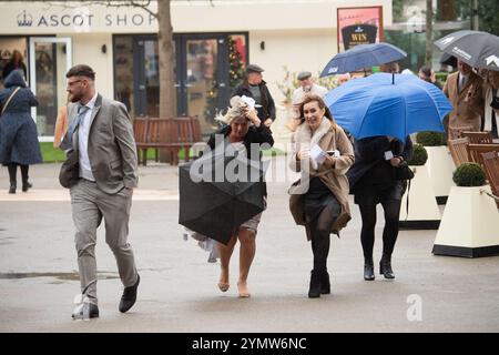 Ascot, Berkshire, Großbritannien. November 2024. Racegoer kämpften bei starkem Wind und Regen, als Storm Bert durch Großbritannien zieht, um ihre Regenschirme auf der Ascot Racecourse in Berkshire zu befestigen. Quelle: Maureen McLean/Alamy Live News Stockfoto