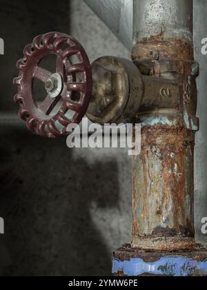 Altes Rostwasserregelventil und altes Stahlrohr in großen Wassersystemen für die Wasserversorgung in Wohnhäusern. Ein korrodiertes Wasserversorgungsventil und ein altes rostiges Lot Stockfoto