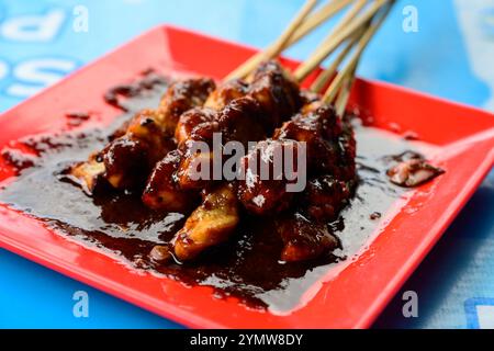 Sate oder Satay gegrillte indonesische Hähnchenspieße im Bali-Stil mit würziger Erdnusssauce Stockfoto