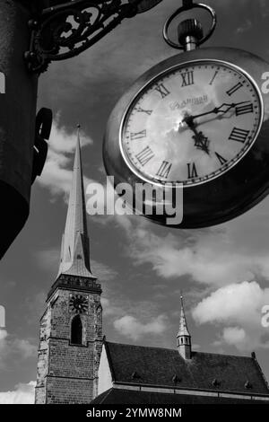 Plzen, Tschechische Republik - 16. August 2024: Kathedrale des Heiligen Bartholomäus Katedrala Svateho Bartolomeje und ein Schild für Juweliergeschäfte Stockfoto