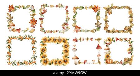 Herbstrahmen mit Blättern, Pilzen, Blumen, Insekten und Tieren. Aquarell Hand gezeichnet florale isolierte Illustration Set für Herbstdesign, gemütliche Karten, Stockfoto