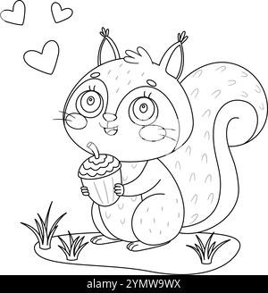 Niedliches Eichhörnchen im Eichelkritzelstil. Handgezeichnete schöne Waldtier Ausmalseite. Haustier Charakter schwarz-weiß Malbuch, Kunsttherapie, Strichkunst. Vektorabbildung Stock Vektor