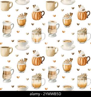 Kaffee Latte Macchiato, Kürbis-Gewürz-Dalgona-Kaffee und anderes heißes Herbstgetränk. Nahtloses Lebensmittelmuster in Wasserfarben auf weißem Hintergrund für gemütliches Kitc Stockfoto