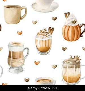 Kaffee Latte Macchiato, Kürbis-Gewürz-Dalgona-Kaffee und anderes heißes Herbstgetränk. Nahtloses Lebensmittelmuster in Wasserfarben auf weißem Hintergrund für gemütliches Kitc Stockfoto