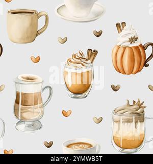 Kaffee Latte Macchiato, Kürbis-Gewürz-Dalgona-Kaffee und anderes heißes Herbstgetränk. Nahtloses Muster für Lebensmittel in Wasserfarben auf hellblauem Hintergrund für gemütliches Stockfoto