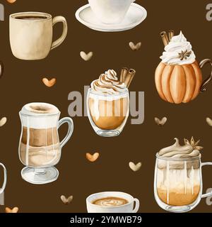 Kaffee Latte Macchiato, Kürbis-Gewürz-Dalgona-Kaffee und anderes heißes Herbstgetränk. Wasserfarben-Lebensmittel nahtloses Muster auf dunkelbraunem Hintergrund für gemütlich Stockfoto