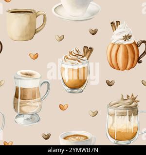 Kaffee Latte Macchiato, Kürbis-Gewürz-Dalgona-Kaffee und anderes heißes Herbstgetränk. Nahtloses Lebensmittelmuster in Wasserfarben auf beigem Hintergrund für gemütliche Kitc Stockfoto