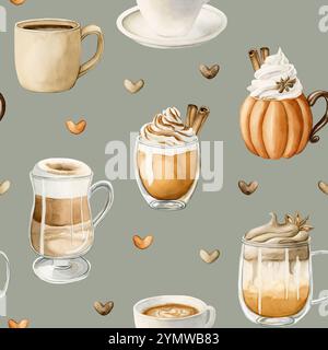 Kaffee Latte Macchiato, Kürbis-Gewürz-Dalgona-Kaffee und anderes heißes Herbstgetränk. Wasserfarben-Lebensmittelmuster auf salbeigrauem blaugrünem Hintergrund Stockfoto