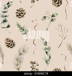 Tannenzapfen, Eukalyptus und Nadelzweige. Winterwaldpflanzen. Nahtloses Blumenmuster auf beigefarbenem Hintergrund für Winterdesign, Christus Stockfoto
