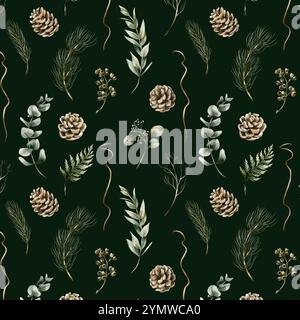 Tannenzapfen, Eukalyptus und Nadelzweige. Winterwald. Aquarellflorales nahtloses Muster auf dunkelgrünem Hintergrund für Winterdesign, Christma Stockfoto