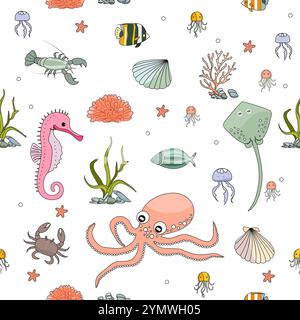 Vektor nahtlose Muster Illustration Meeresalgen Korallenfisch Stachelrochen Seahorse Qualle Muschel Krabbe Unterwasserwelt des Ozeans Meeresboden Meeresboden Stock Vektor