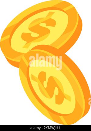 Zwei Goldmünzen mit Dollarzeichen drehen sich, was eine dynamische visuelle Darstellung von Finanz-, Währungs- und Wirtschaftskonzepten in isometrischer Form schafft Stock Vektor