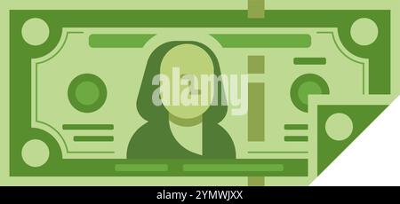 Nahaufnahme einer stilisierten grünen Banknote, die an einer Ecke gefaltet ist und ein vereinfachtes Porträt zeigt, das Geldtransaktionen und wirtschaftliche Konzepte symbolisiert Stock Vektor
