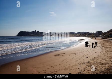 Gruppe von Menschen mit Hunden am Strand in Scarborough, England. Stockfoto