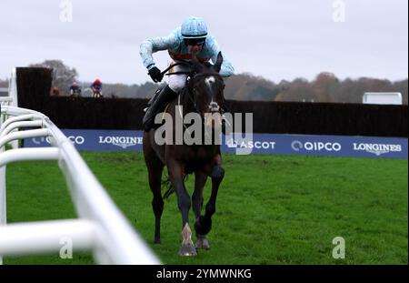 Beauport wurde von Jockey Toby McCain-Mitchell auf dem Weg zum 1. Klasse Logistics Berkshire National Handicap Chase auf der Ascot Racecourse gefahren. Bilddatum: Samstag, 23. November 2024. Stockfoto