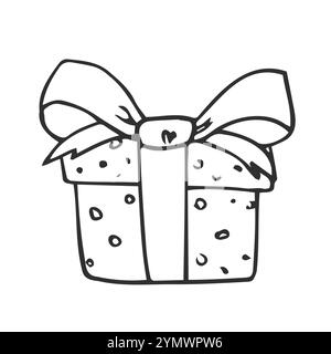 Geschenk mit Schleife. Box, Umriss, komischer monochromer weihnachtsgeburtstag Stock Vektor