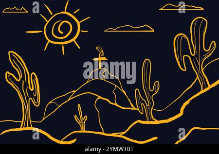 Handgezeichnetes Bild eines Geiers auf einem Kreuz auf einem Hügel in einer Wüstenlandschaft Stock Vektor
