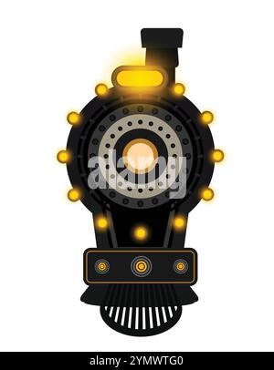 Die stilisierte Illustration eines futuristischen Lokomotivdesigns glänzt im Dunkeln mit komplizierten Details und einer starken Präsenz Stock Vektor