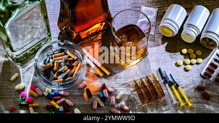 Süchtig machenden Substanzen, einschließlich Alkohol, Zigaretten und Drogen. Stockfoto