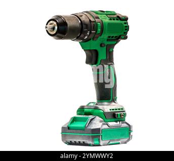 Grüner Bohrer mit Akku isoliert, weißer Hintergrund Stockfoto