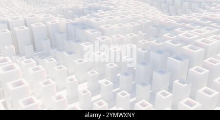 Nahaufnahme von Sandom skalierten weißen Röhrenwürfelboxen blockieren Hintergrundhintergrund Banner, 3D-Illustration Stockfoto
