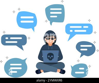 Eine Blase mit geschriebenem Text. Der Hacker sitzt am Computer und knackt den Benutzernamen und das Passwort. Stock Vektor