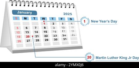 Tischkalender für januar 2025 mit Beschriftung für Feiertage. Vektorillustration isoliert auf weißem Hintergrund. Stock Vektor