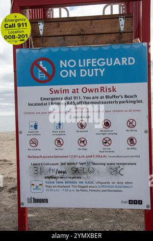 Schild zum Schwimmen auf eigene Gefahr an einer Rettungsstation am Bluffer's Park Beach in Scarborough, Toronto, Ontario, Kanada Stockfoto