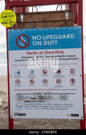 Schild zum Schwimmen auf eigene Gefahr an einer Rettungsstation am Bluffer's Park Beach in Scarborough, Toronto, Ontario, Kanada Stockfoto