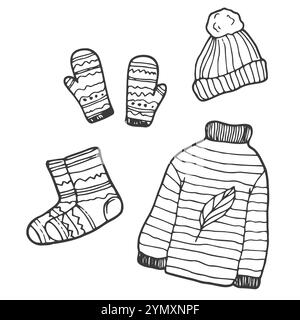 Vector handgezeichnetes Set aus gestrickten Kleidern. Hygge Doodles - Socken, Fäustlinge, Wollpullover, Winterhut, Stricken Stock Vektor