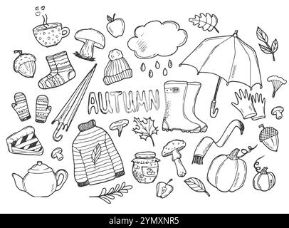 Herbstliche Kritzeleien. Handgezeichneter Satz von Skizzen: Gummistiefel, Wolke, Buch, Tasse Tee, Pullover, Regenschirm, Kuchen, Apfel, Pilze, Blätter, Blumen usw. Isola Stock Vektor