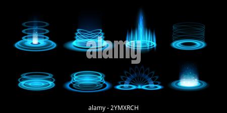 Blaulichtportal. Futuristischer Neonglühen-Hologramm-Spieleffekt mit Funkeln und hellen Aura-Strahlen. Teleporte und Portale Energiepodium mit blauen Strahlen. 3D-Produktstufen für technische Vektoren festgelegt. Stock Vektor