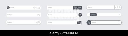 Suchleiste 3d.. Internetbox-Website-ui, Textfeld der Browser-Engine, Navigationsleiste mit Schaltfläche und Symbolen suchen. Schnittstelle für Lichtelemente mit Schatten. Vektor-isolierter Satz. Stock Vektor