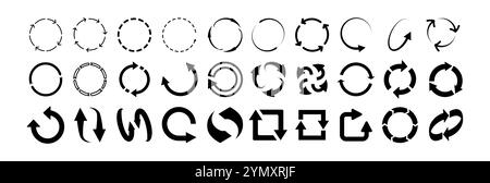 Kreispfeil. Kreisförmige Pfeile, sich drehende Symbole aktualisieren und neu laden, rotierende Symbole. Drehen Sie den Pfeil, und wiederholen Sie das Vorzeichen zum Laden des Prozesses. Vektorsatz. Stock Vektor