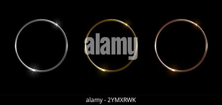 Metallkreis aus Gold, Silber und Bronze. Realistische, runde 3D-Rahmen, glänzende, kreisförmige Metallringe mit Blendwirkung. Vektor-isolierter Satz. Stock Vektor