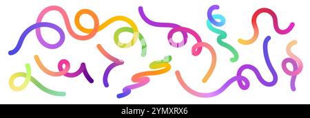 Farbverlaufslinien. Gewellte Regenbogenverläufe wirbelnde Formen, farbenfrohe irisierende, fließende dynamische Bänder. Vektor-isolierter Satz fließender Spiralkonturen. Stock Vektor