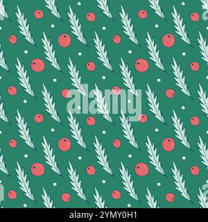 Weihnachtsmuster von stechpalmenblättern und Beeren auf grünem Hintergrund. Nahtloses festliches Vektormuster, ideal für Partyeinladungen, Postkarten, Textilien Stock Vektor