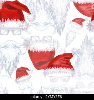 Nahtloses Muster mit einem Porträt eines modernen Weihnachtsmanns in Rot und weiß. Illustration von Santa Claus Hut, Brille, Schnurrbart und Bart. Aquarell Stockfoto