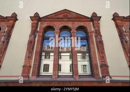 Dekorative Fensterrahmen am Königshof, Renaissancebau 1553/54, Wismar, Mecklenburg-Vorpommern, Deutschland, Europa Stockfoto