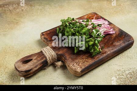 Frisches Mikrogrün, Rote-Bete-Sprossen, auf einem Holzschneidebrett, Blick von oben, keine Leute Stockfoto