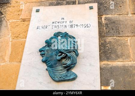 Valletta Malta, Upper Barrakka Gardens, Albert Einstein Gedenktafel, Profil ikonisches Haar, Maltesisch Europa Europäische EU, Besucher reisen zu Stockfoto