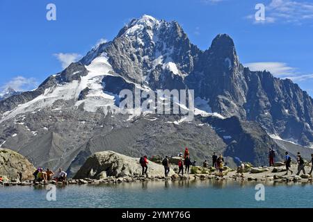 Am Bergsee Lac Blanc, mit den Gipfeln Aiguille Verte und Aiguille du Dru dahinter, Chamonix, Haute Savoie, Frankreich, Europa Stockfoto