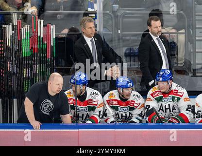 München, Deutschland. November 2024. Duanne Moeser (Teammanager, Augsburger Panther) und Thomas Dolak (Co-Trainer, Augsburger Panther). GER, EHC Red Bull München vs. Augsburger Panther, Eishockey, DEL, 19. Spieltag, Saison 2024/2025, 23.11.2024. Foto: Eibner-Pressefoto/Heike feiner Credit: dpa/Alamy Live News Stockfoto