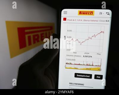 Stuttgart, Deutschland, 06.01.2024: Person, die ein Mobiltelefon hält, mit Website des italienischen Reifenherstellers Pirelli C. S.p.A. vor dem Logo. Fokus Stockfoto