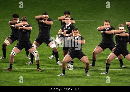 Torino, Italien. November 2024. Neuseeländische Spieler führen ein Haka vor dem internationalen Rugby union-Testspiel der Autumn Nations Series zwischen Italien und Neuseeland im Allianz Stadium in Turin, Italien - News - Samstag, 23. November 2024. (Foto: Marco Alpozzi/Lapresse) Credit: LaPresse/Alamy Live News Stockfoto