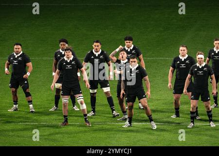 Torino, Italien. November 2024. Neuseeländische Spieler führen ein Haka vor dem internationalen Rugby union-Testspiel der Autumn Nations Series zwischen Italien und Neuseeland im Allianz Stadium in Turin, Italien - News - Samstag, 23. November 2024. (Foto: Marco Alpozzi/Lapresse) Credit: LaPresse/Alamy Live News Stockfoto